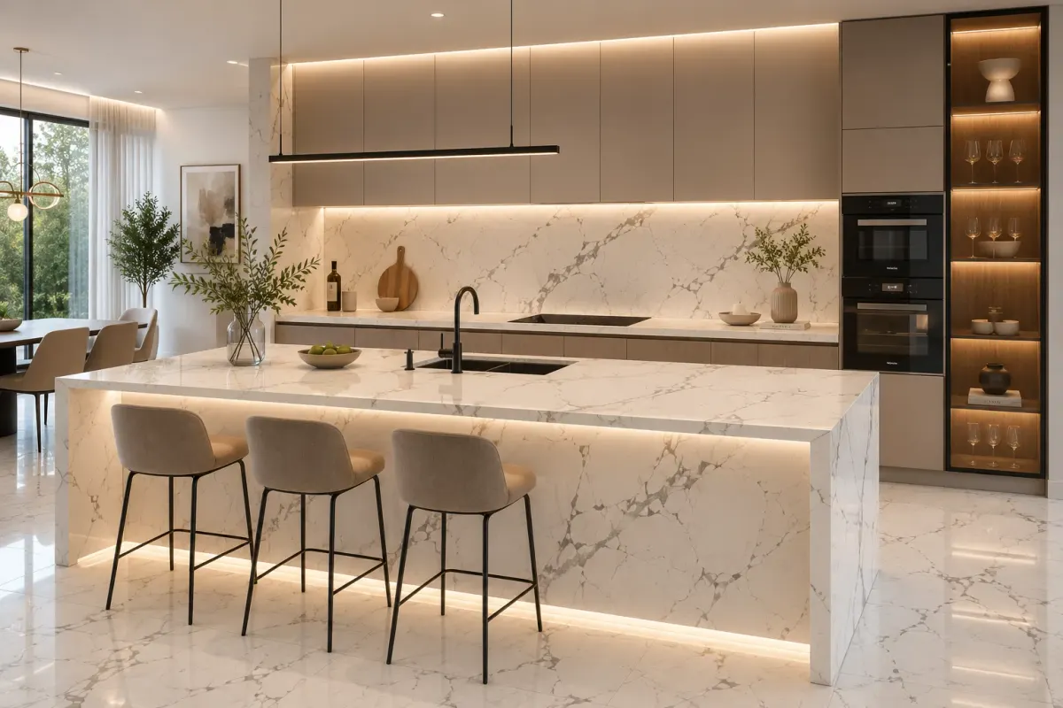Bucătărie cu insulă placată cu Marmi Effect Bianco 120x280